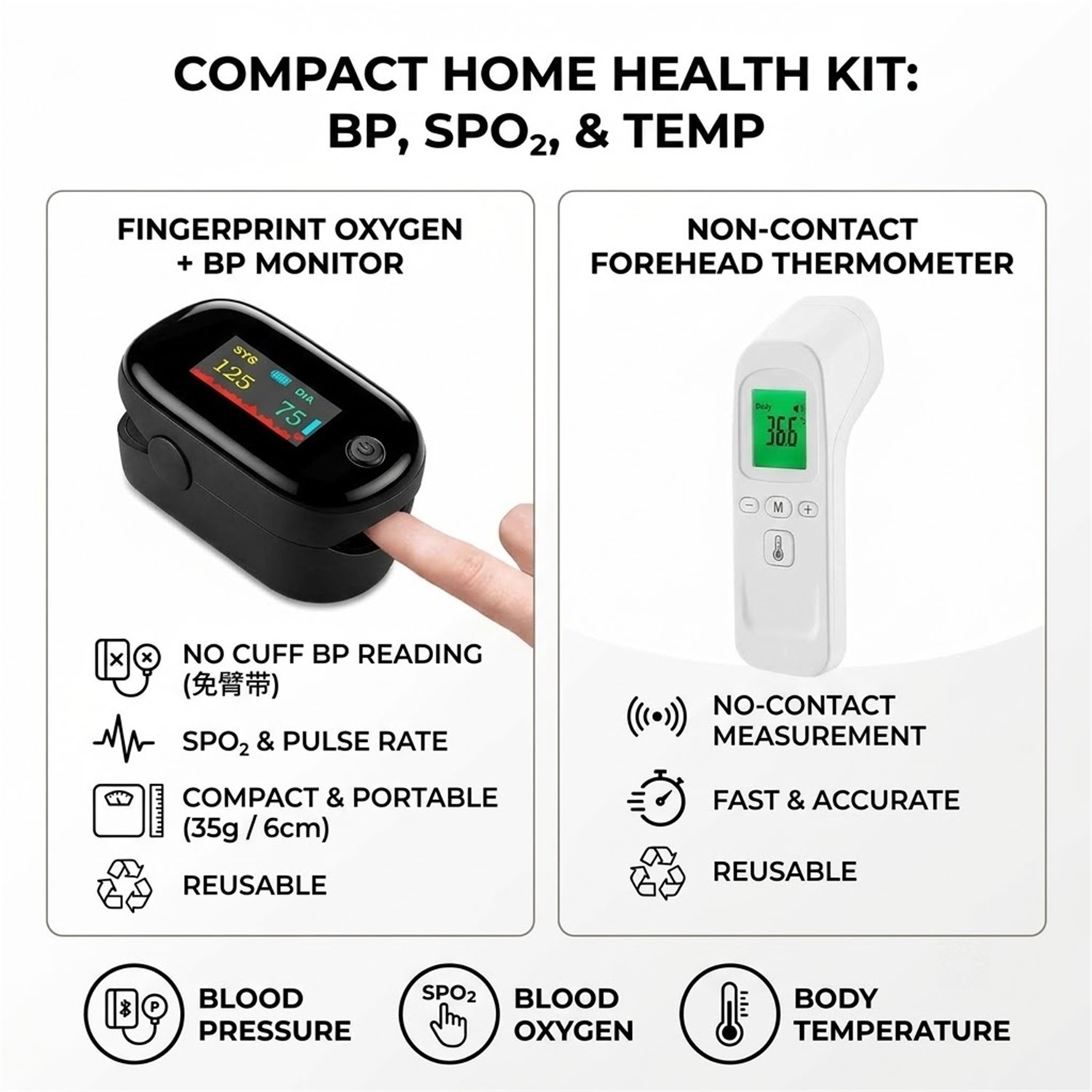 Pulse Oximeter - Körper-Infrarot-Thermometer, berührungsloses Fiebermessgerät ODER 2-in-1-Oximeter +